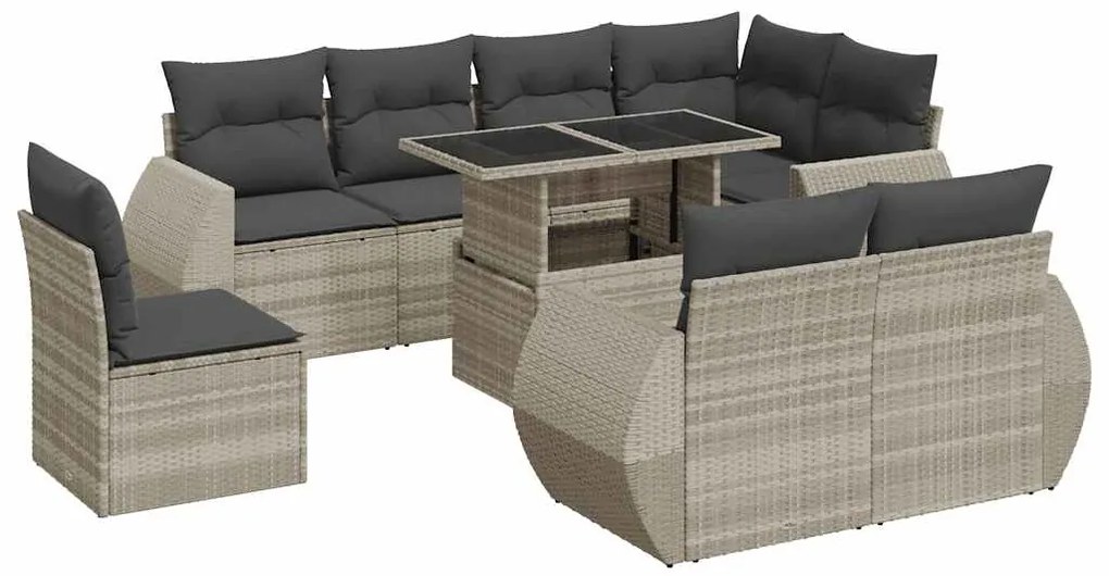 3326663 vidaXL Градински комплект с възглавници, 9 части, светлосив полиратан