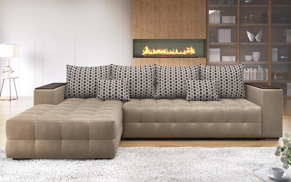 Разтегателен ъглов диван с подлакътник етажерка Мелвин