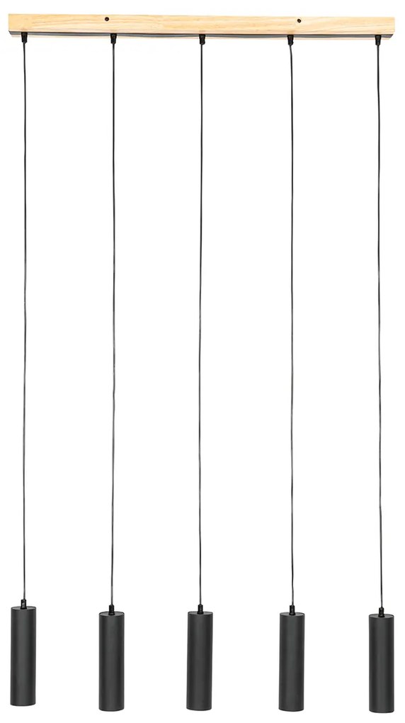 Модерна висяща лампа черна с дърво 5-светлина - Jeana