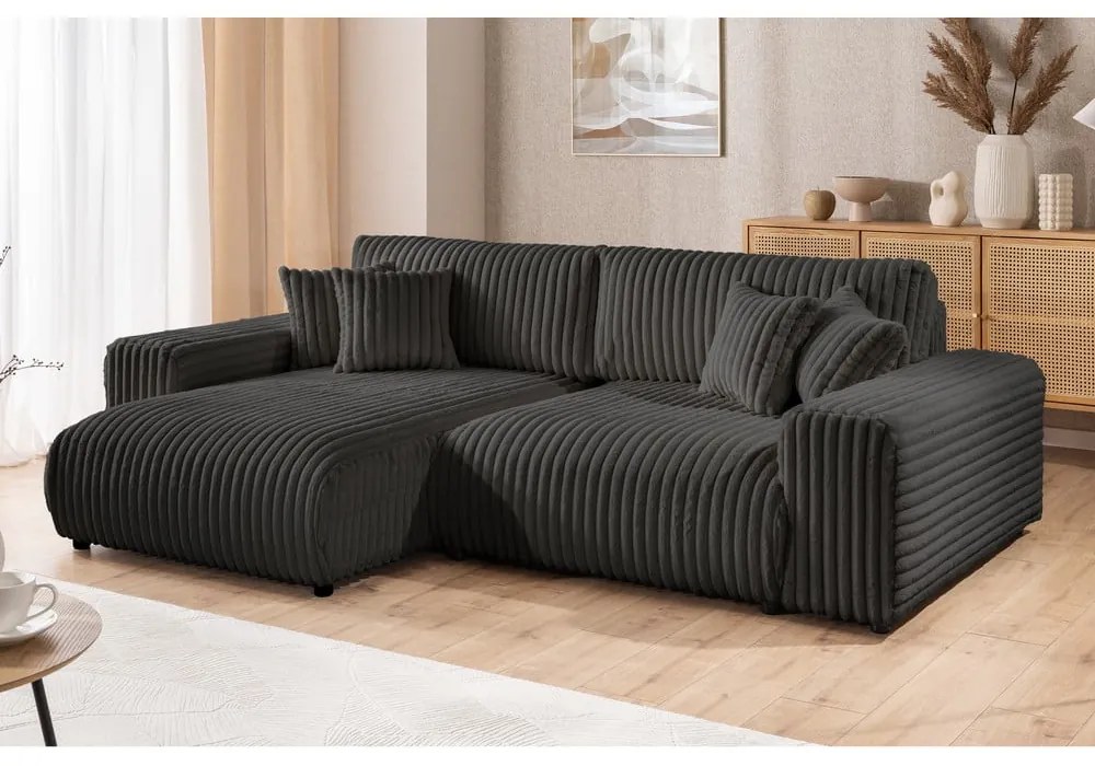 Тъмносив разтегателен ъглов диван от рипсено кадифе с място за съхранение (ляв ъгъл) Sarina – Ropez