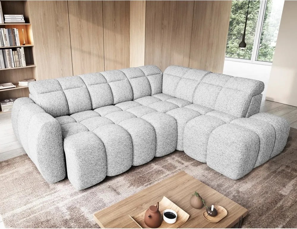 Светлосив разтегателен ъглов диван с място за съхранение от букле (десен ъгъл L форма) Falconn – ELTAP