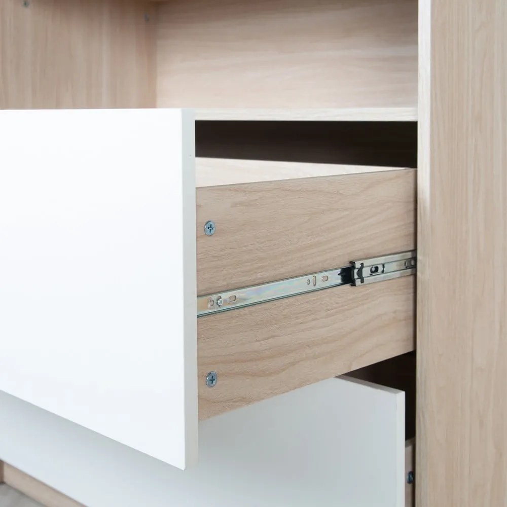 Детски скрин в дъбов декор с маса за преповиване в бял и естествен цвят 88x98x75 cm Cabane – Roba