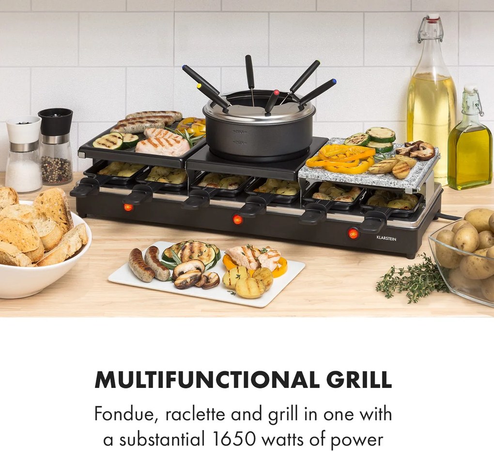 Klarstein Fonduelette XL, 3 в 1 raclette грил и фондю, естествен камък, 1650 W, 12 души