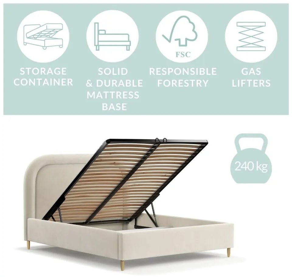 Кремаво тапицирано двойно легло с място за съхранение с включена подматрачна рамка 140x200 cm Mija – Maison de Rêve