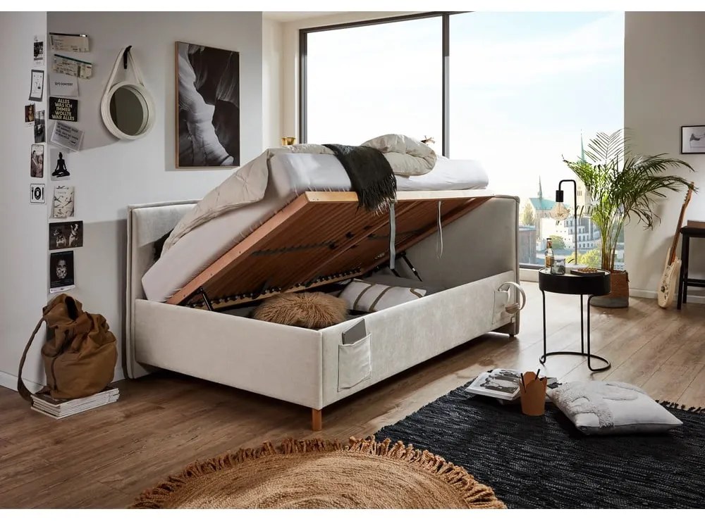 Бежово тапицирано ъглово детско легло 120x200 cm с място за съхранение с включена подматрачна рамка Fun – Meise Möbel