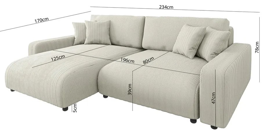 Кремав разтегателен ъглов диван от рипсено кадифе (променлив) Sara – Ropez