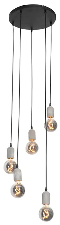 Индустриално висящо осветително тяло черно с бетон кръгло 5-светлина - Pedra