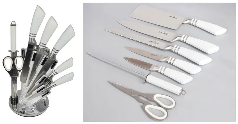 Комплект ножове с поставка ZILNER ZL 5128, 8 части, Точило, Ножици, Неръждаема стомана, Бял