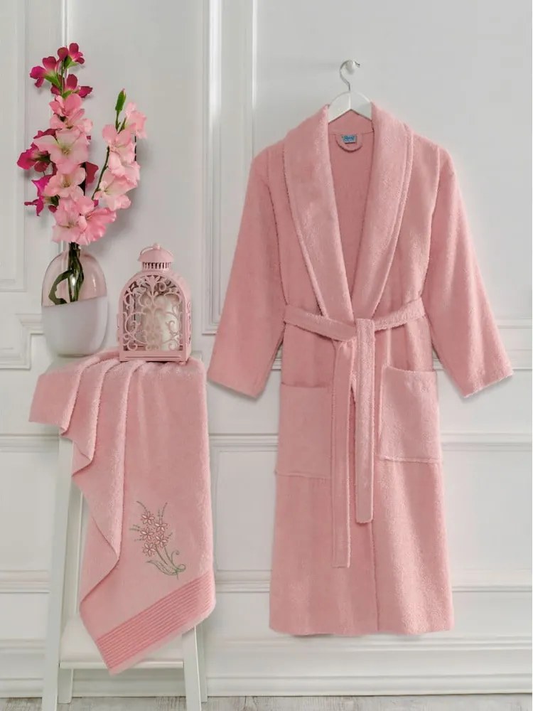 Розов памучен халат за баня и кърпа в комплект размер S/M – Mila Home