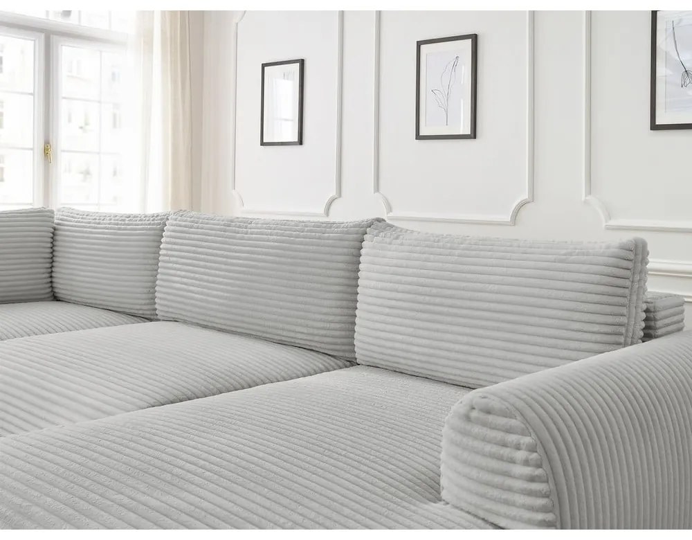 Светлосив разтегателен ъглов диван от рипсено кадифе (десен ъгъл/"U" форма) Lucien – Bobochic Paris