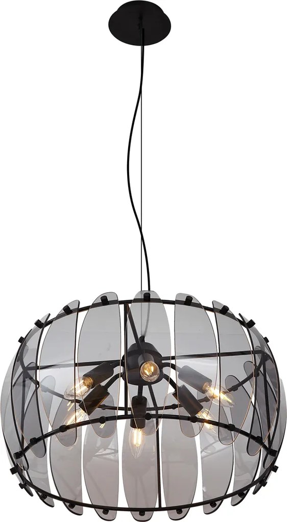 Smart hanglamp zwart met smoke glas rond 6-lichts incl. Wifi C35 - Mochan