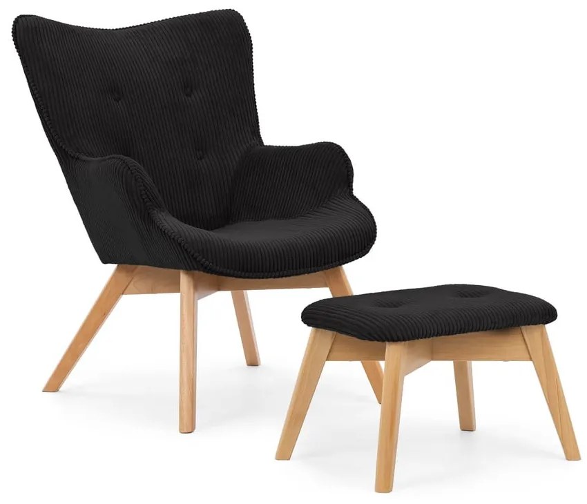 Черен фотьойл с табуретка от рипсено кадифе Niko – Ropez