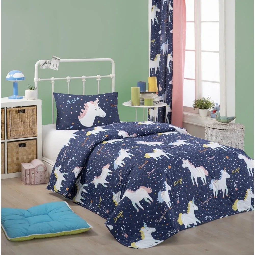 Комплект от шалте и калъфка за възглавница с памучна смес Eponj Home Magic Unicorn Dark Blue, 160 x 220 cm - Mijolnir