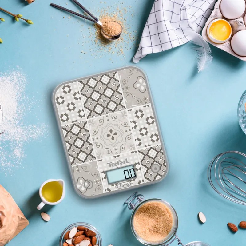 Кухненска везна Tefal Optiss BC50D6V0, До 5 кг, ТАРА, LCD, Стъкло, Големи цифри, Сив/декоративен десен