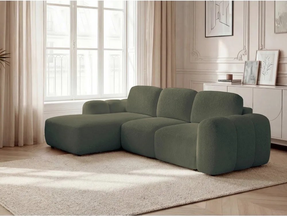 Зелен сгъваем/с място за съхранение ъглов диван от прежда с примки от букле (ляв ъгъл) Montaigne – Bobochic Paris