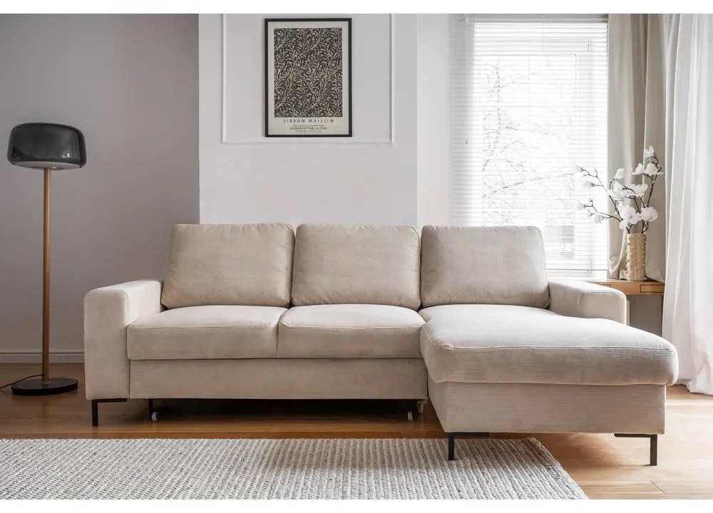Бежов разтегателен ъглов диван от рипсено кадифе (десен ъгъл) Lofty Lilly – Miuform