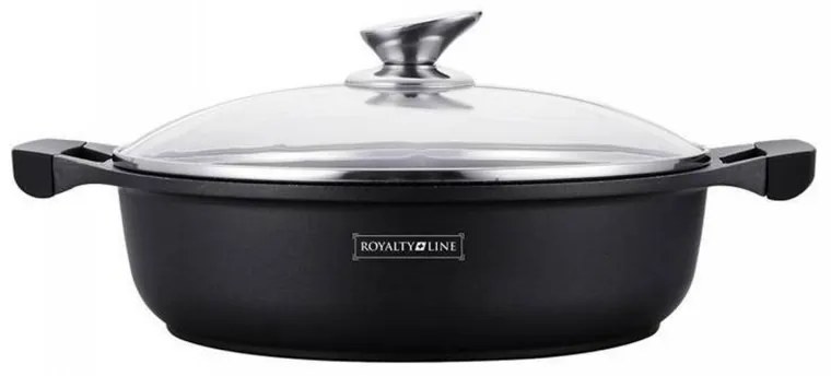 Плитка тенджера Royalty Line RL-BR30ML, 30 см, 4.8 л, Мраморно незалепващо покритие, Стъклен капак, Без PFOA, Индукция, Черен