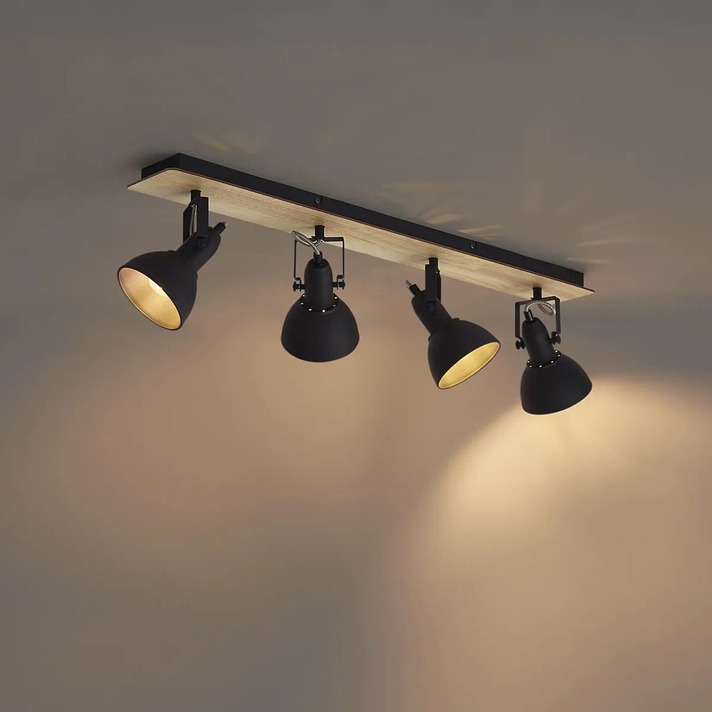 Таванен прожектор черен с дърво 4 светлини, въртящ се и накланящ се - Jakub