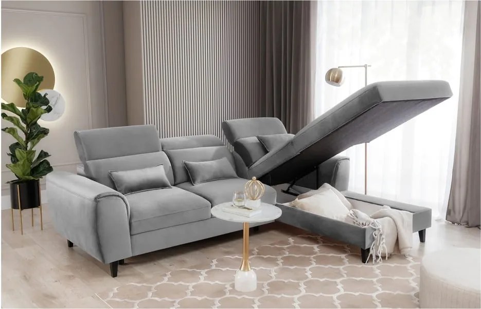 Сив кадифен разтегателен ъглов диван с място за съхранение (десен ъгъл) Foble – ELTAP