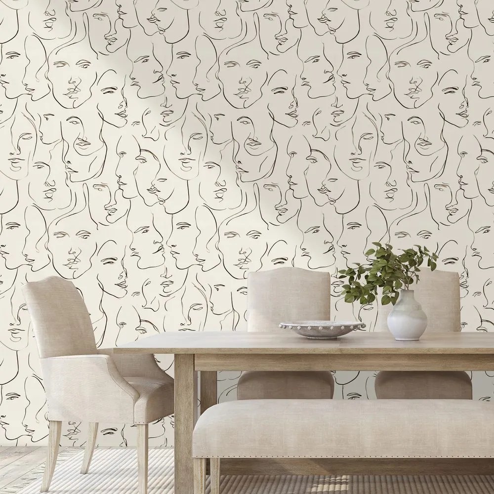 Самозалепващ тапет – Абстрактни рисунки на лица на бежов фон
