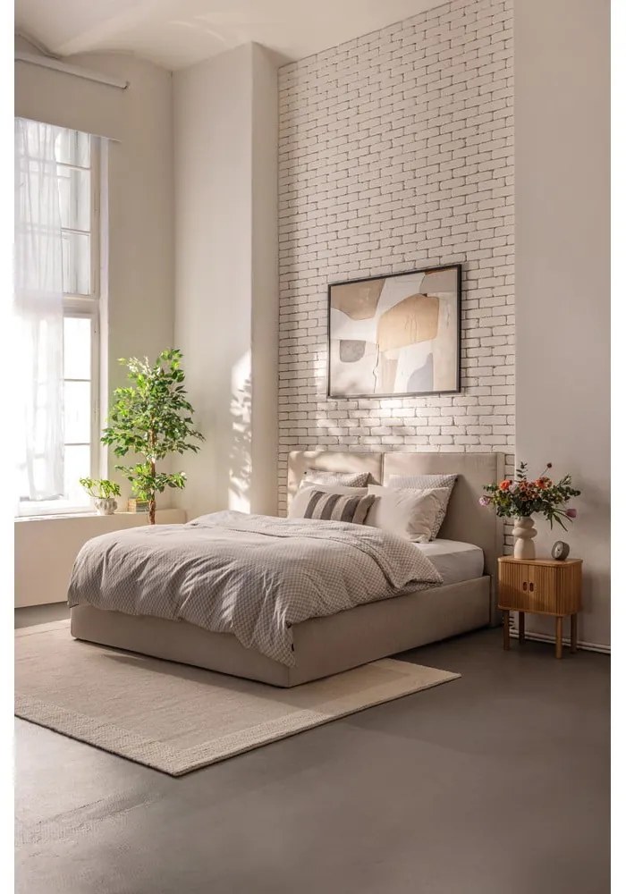 Бежово тапицирано двойно легло с място за съхранение и включена подматрачна рамка 160x200 cm Thessa Bold – Bonami Selection