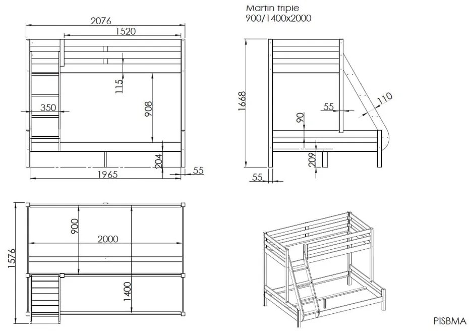 Двуетажно легло от борова дървесина Martin, 140 x 200 cm Pino - Vipack