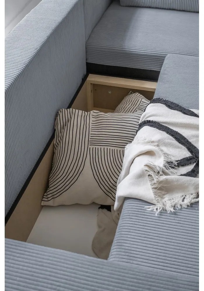 Светлосив разтегателен ъглов диван от рипсено кадифе (десен ъгъл) Brave Dave – Miuform