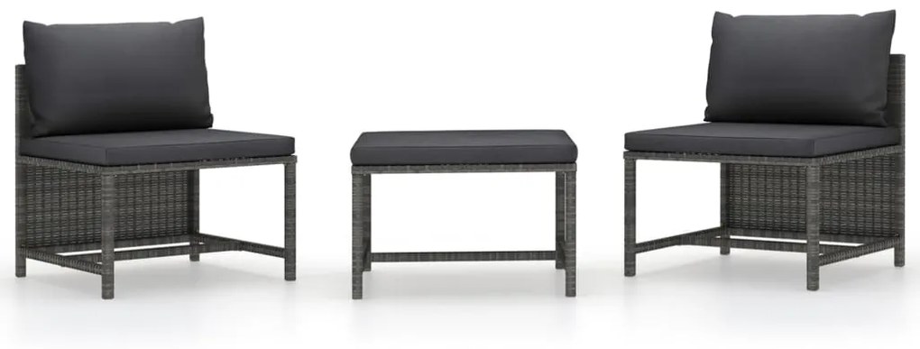 313500 vidaXL Градински комплект с възглавници, 3 части, сив, полиратан