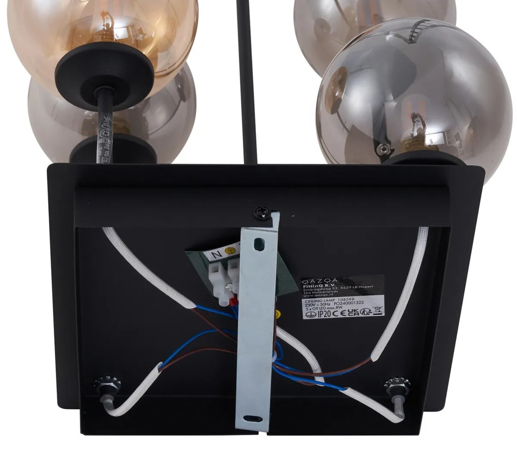 Модерен таванен полилей черен с кехлибар и опушено стъкло 5-светлинен - Атина