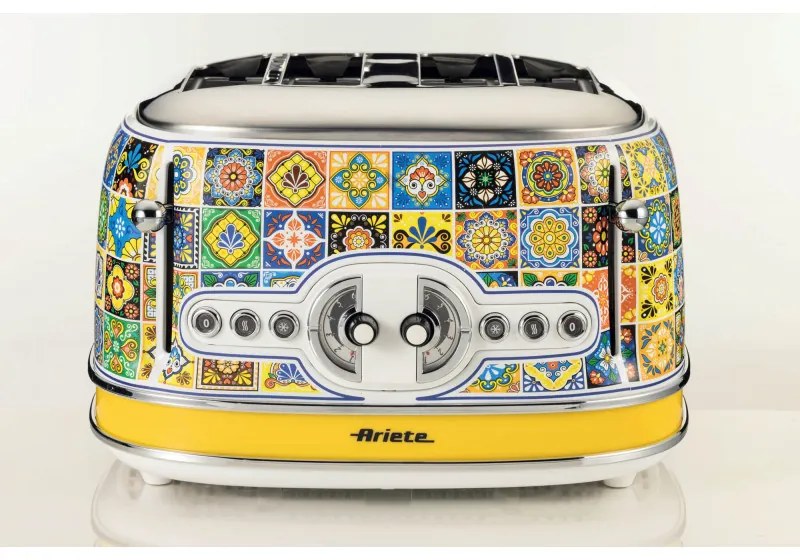 Тостер за хляб Ariete Positano 0156/0P, 1600W, 4 филии, 3 функции, 6 степени, Подвижна тава за трохи, Бял/жълт