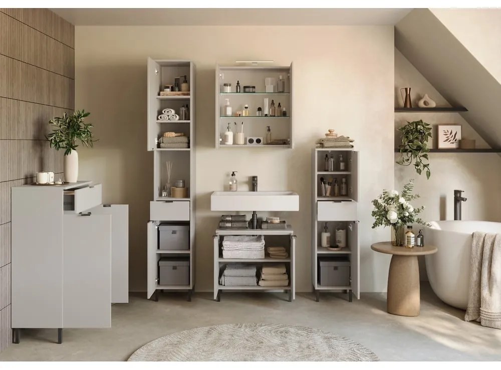 Кремав стенен шкаф за баня с огледало 60x71 cm Arcena – Germania