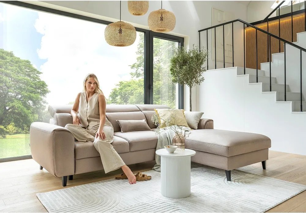 Светлокафяв кадифен разтегателен ъглов диван с място за съхранение (ляв ъгъл) Foble – ELTAP