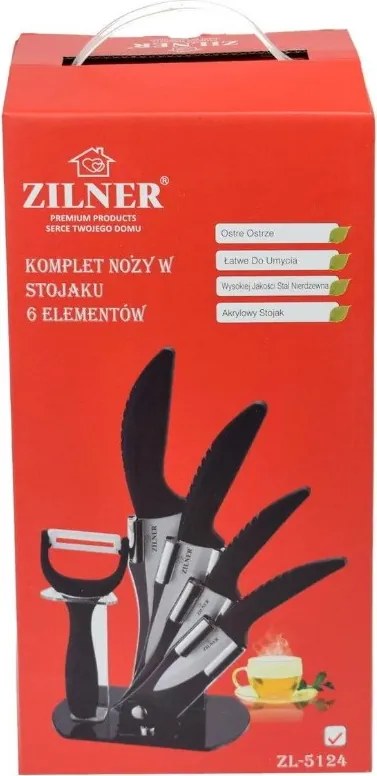 Комплект ножове с поставка ZILNER ZL 5124, 6 части, Белачка, Керамично покритие, Черен