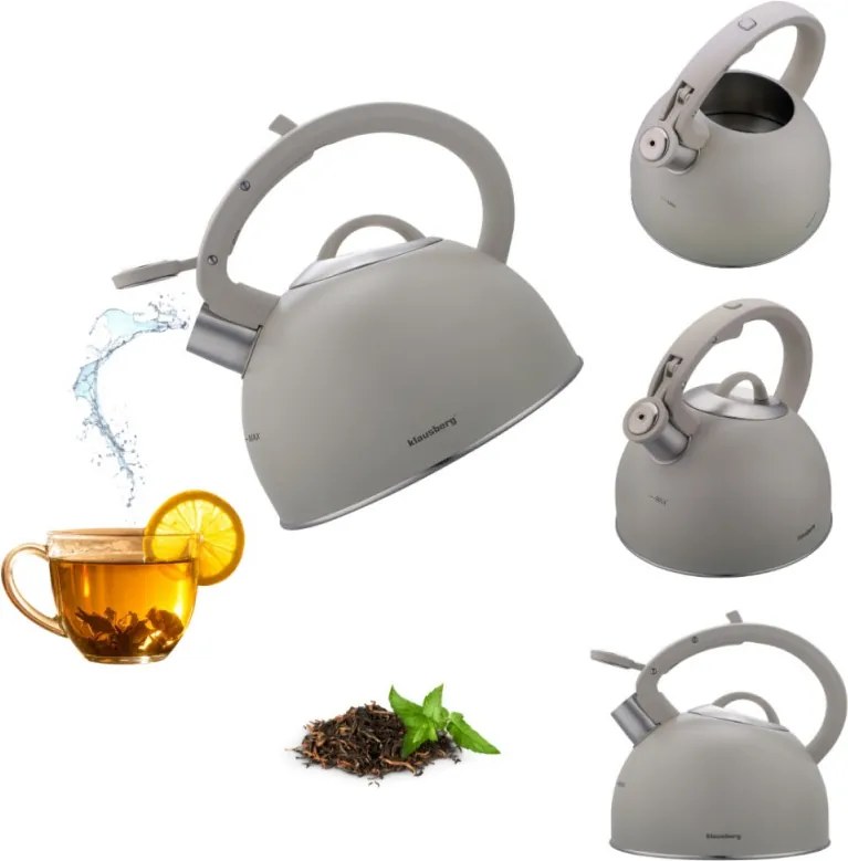 Свирещ чайник Klausberg KB 7912, 2.5 л, Дръжка с дървесен ефект, Индукция, Светлосив