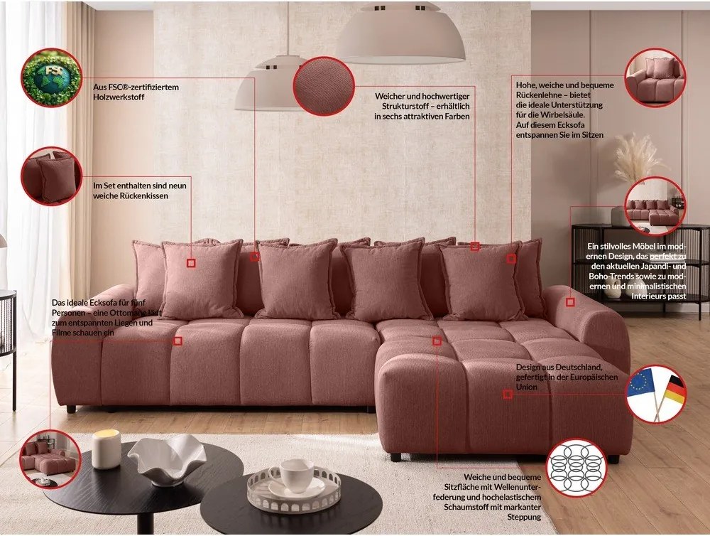 Теракотен ъглов диван (десен ъгъл) Albane – Ropez