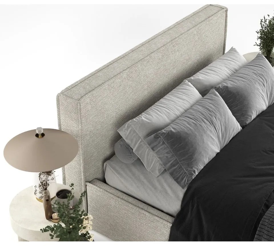 Светлосиво двойно легло 200x200 cm тапицирано с място за съхранение с включена подматрачна рамка Lounge L – Maison de Rêve