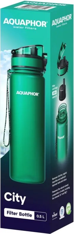 Филтрираща бутилка за вода Aquaphor City 160045, 500 мл, Тритан, Активен въглен, Aqualen, Заключващ се капак, Тъмнозелен