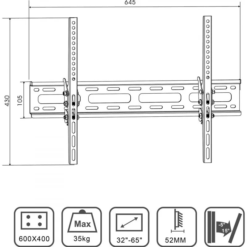 Стойка за телевизор X-TREMER 3265T, За стена, 32" до 65", Vesa 600х400, Макс 35 кг, Черен