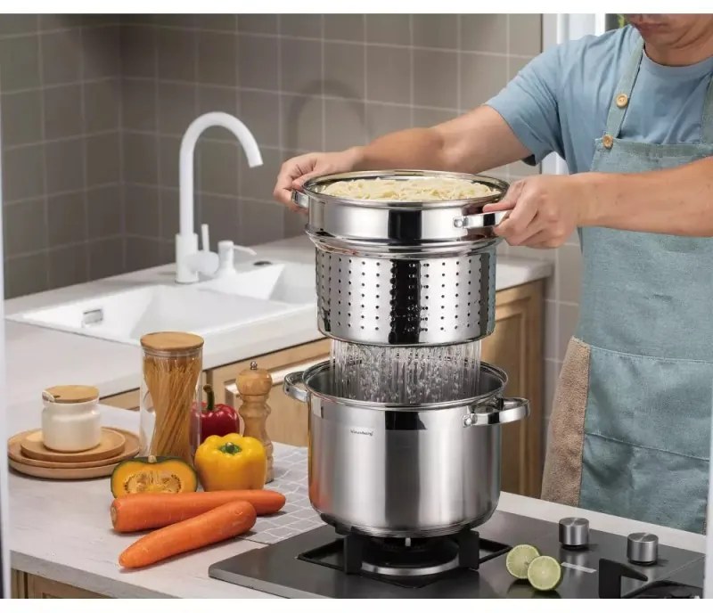 Тенджера за приготвяне на спагети Klausberg KB 7738, 24 см, 7 l, 3 части, Индукция, Сребрист