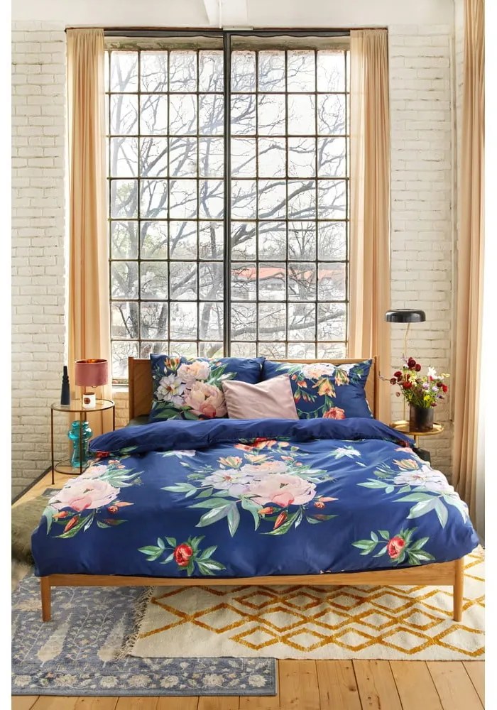 Морско синьо памучно спално бельо от сатен за двойно легло 200 x 220 cm Floret - Bonami Selection