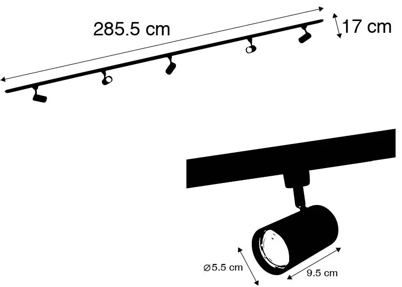 Модерна 1-фазна релсова система с 5 тъмно бронзови прожектори - Jeana