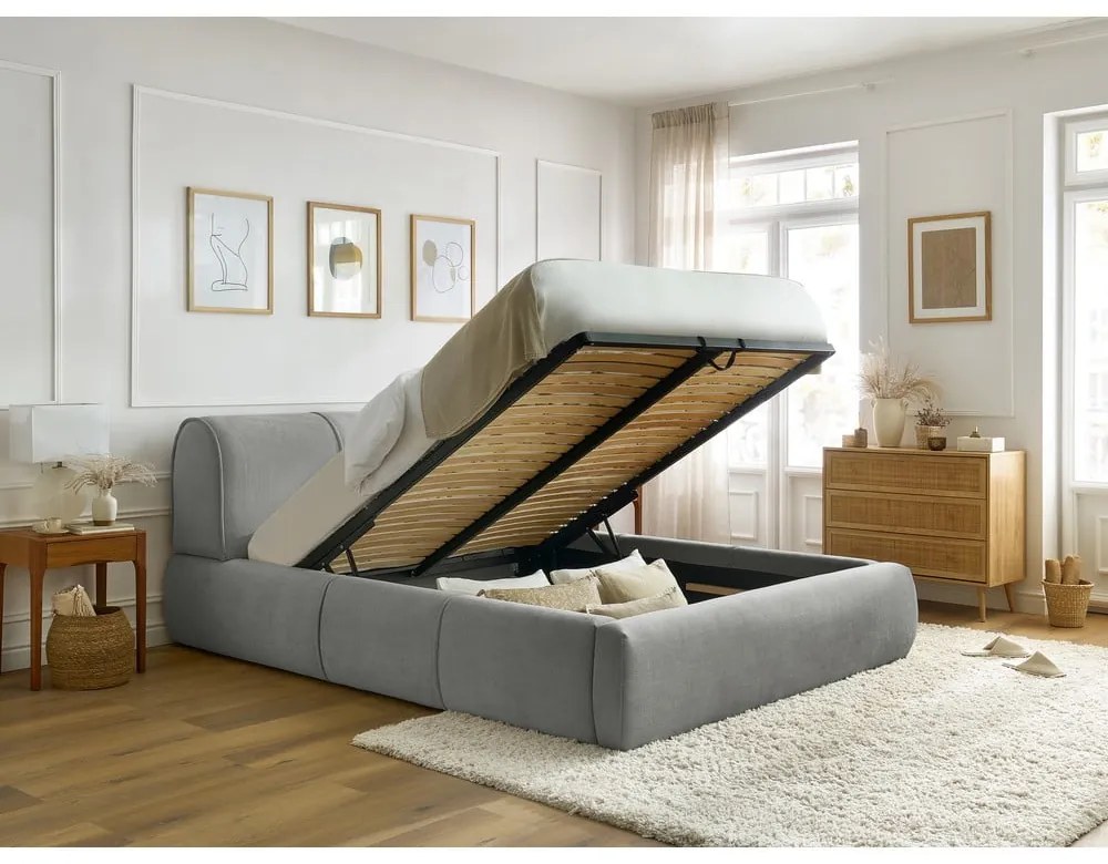 Светлосиво тапицирано двойно легло с място за съхранение с решетка 180x200 cm Vernon - Bobochic Paris