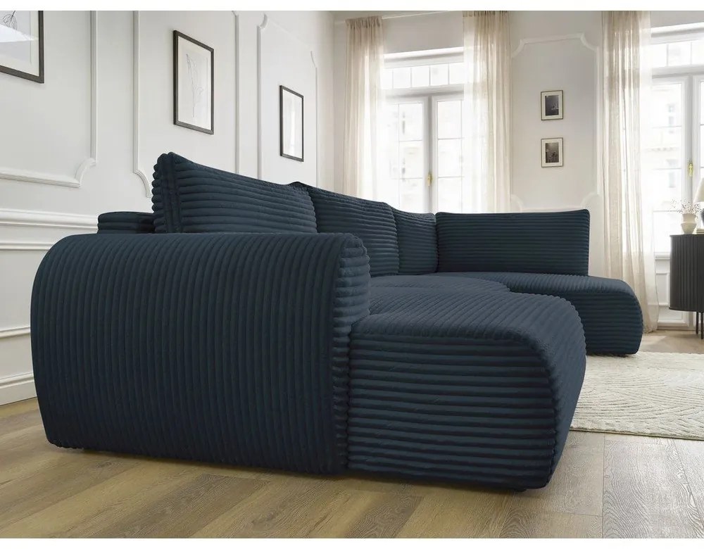 Тъмносин сгъваем/с място за съхранение ъглов диван от рипсено кадифе (десен ъгъл/U форма) Lucien – Bobochic Paris