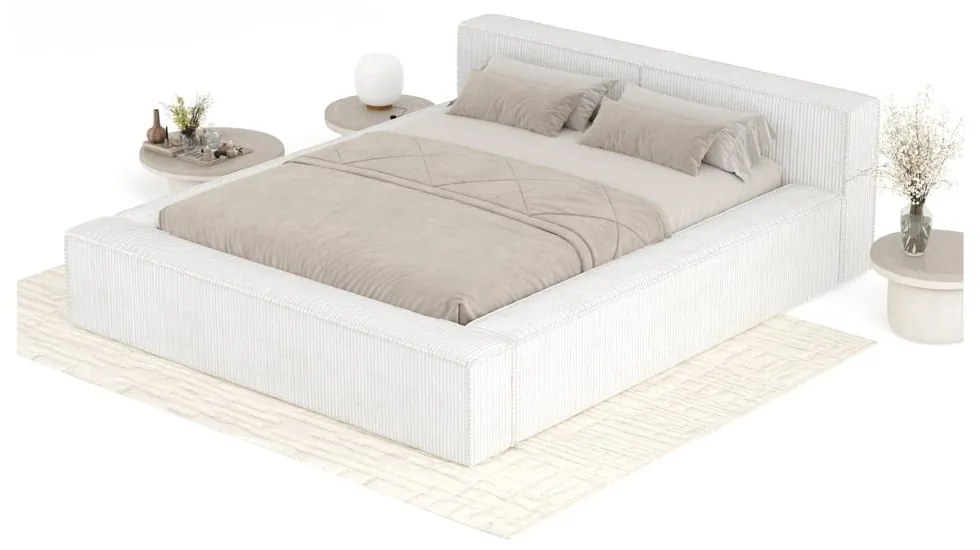 Кремаво двойно легло 200x200 cm тапицирано с място за съхранение с включена подматрачна рамка Voliera – Maison de Rêve