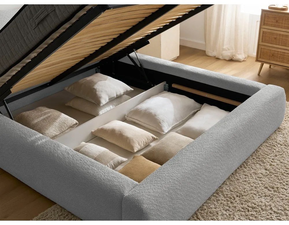 Светлосиво тапицирано двойно легло с място за съхранение с включена подматрачна рамка 160x200 cm Orlane – Bobochic Paris