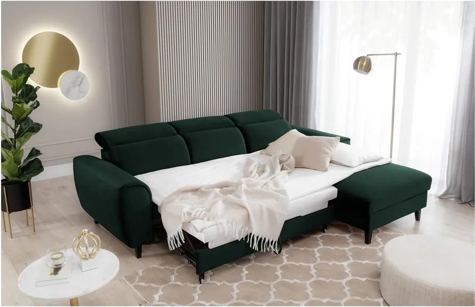 Тъмнозелен кадифен разтегателен ъглов диван с място за съхранение (десен ъгъл) Foble – ELTAP