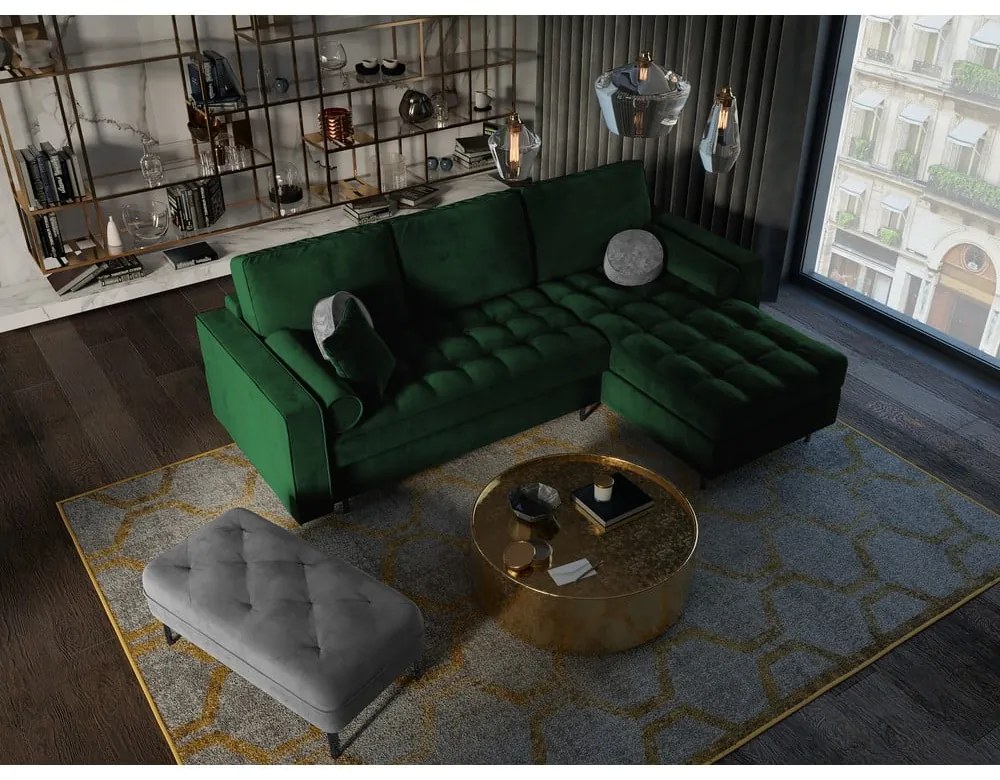 Зелен кадифен ъглов разтегателен диван , десен ъгъл Santo - Milo Casa