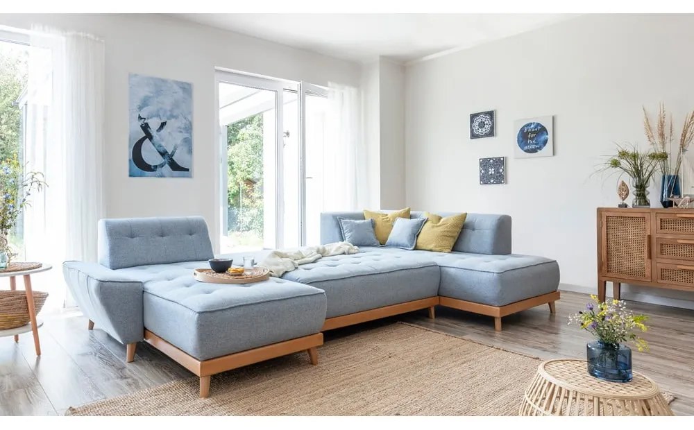 Светлосин U-образен разтегателен диван, десен ъгъл Dazzling Daisy - Miuform