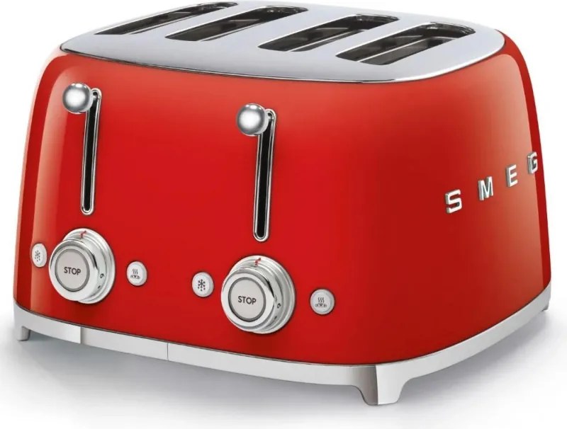 Тостер за хляб SMEG 50's Style TSF03RDEU, 2000W, 4 филии, 6 нива, Тавичка за трохи, Вграден кабел, Неръждаема стомана, Червен