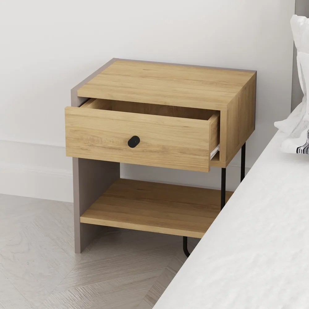 Нощно шкафче в дъбов декор с рафтове Saturne - Marckeric